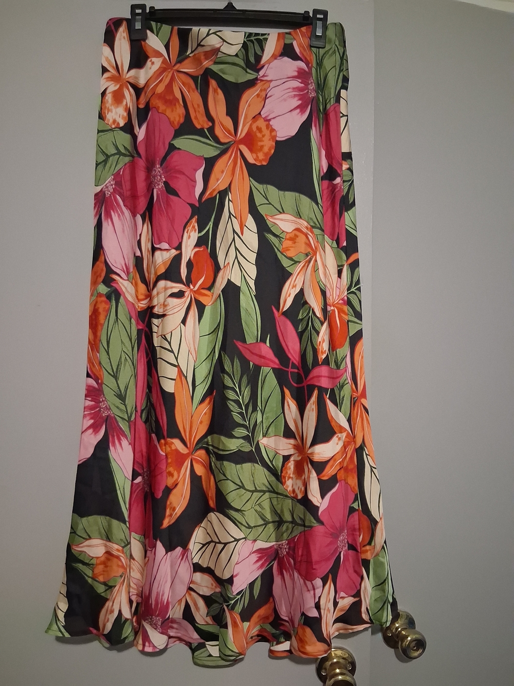 Floral Maxi Skirt in Black, Pink & Orange- Silk Feel